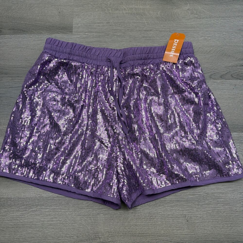 PESION Sequins Rave Shorts for Women High Elastic Waist Purple 3XL